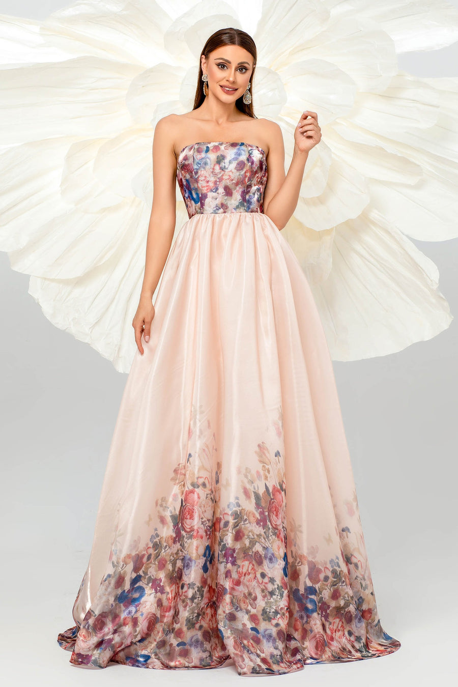 Pink A-Line Strapless Empire Floral Appliques Prom Party Dress