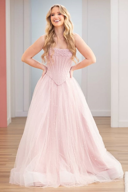 Pink A-Line Strapless Empire Two Tone Pearl Party Prom Dress