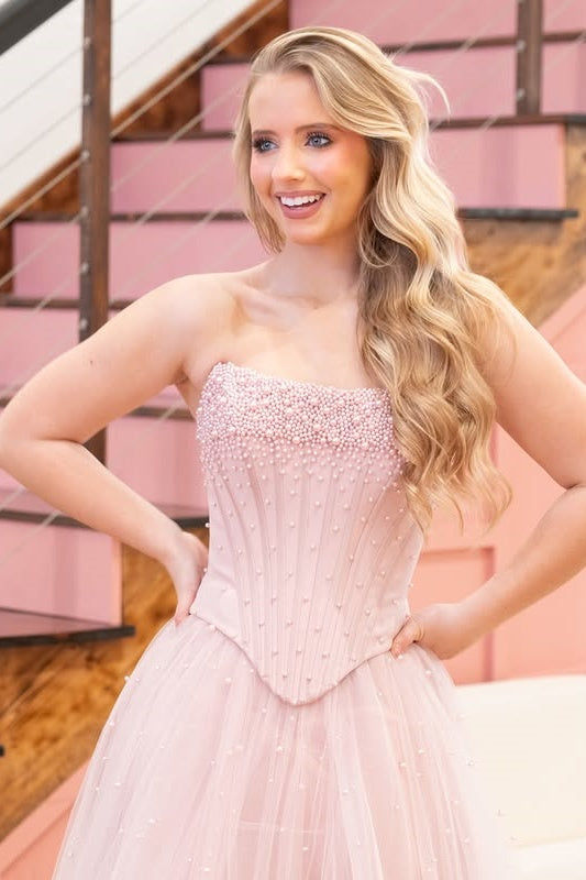 Pink A-Line Strapless Empire Two Tone Pearl Party Prom Dress