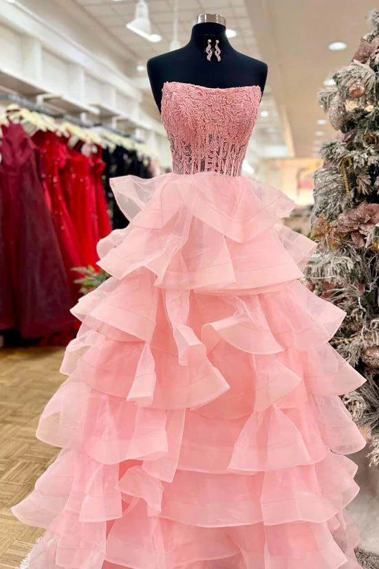 Pink A-Line Strapless Lace And Tulle Tiered Party Prom Dress