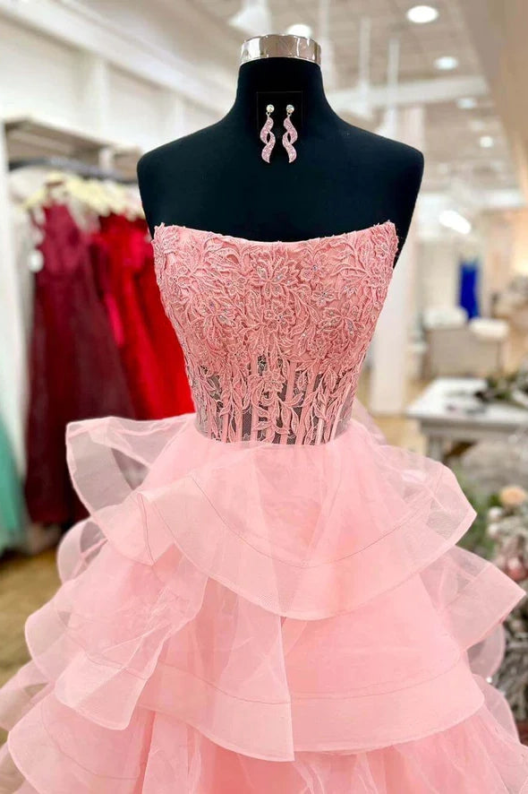 Pink A-Line Strapless Lace And Tulle Tiered Party Prom Dress