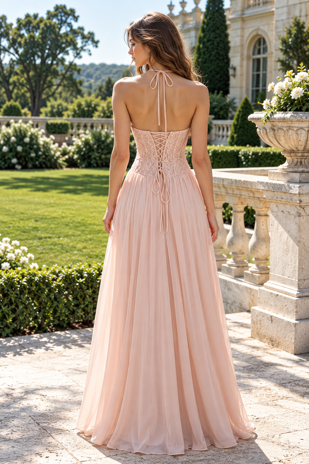 Pink A-Line Sweetheart Halter Lace And Chiffon Party Prom Dress