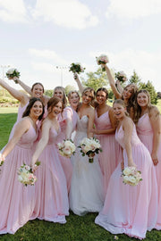Pink A-Line V-Neck Sleeveless Chiffon A-Line Bridesmaid Dress