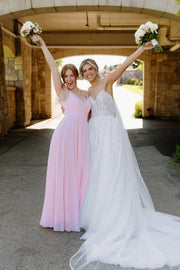 Pink A-Line V-Neck Sleeveless Chiffon A-Line Bridesmaid Dress