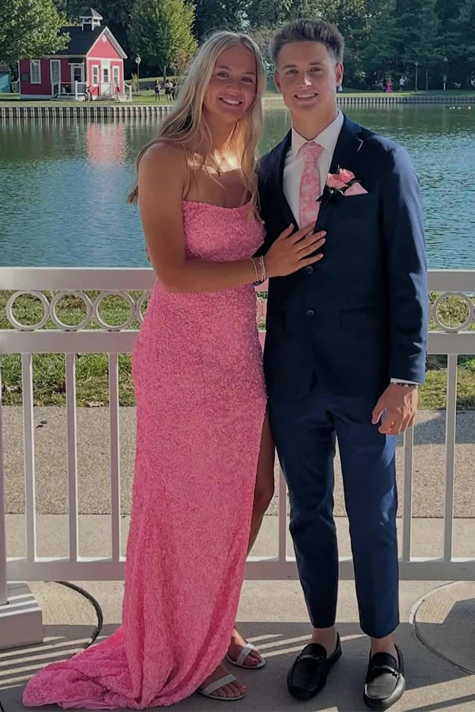 Pink Bateau Open Back Mermaid Fully Sequin Party Prom Dress