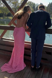 Pink Bateau Open Back Mermaid Fully Sequin Party Prom Dress