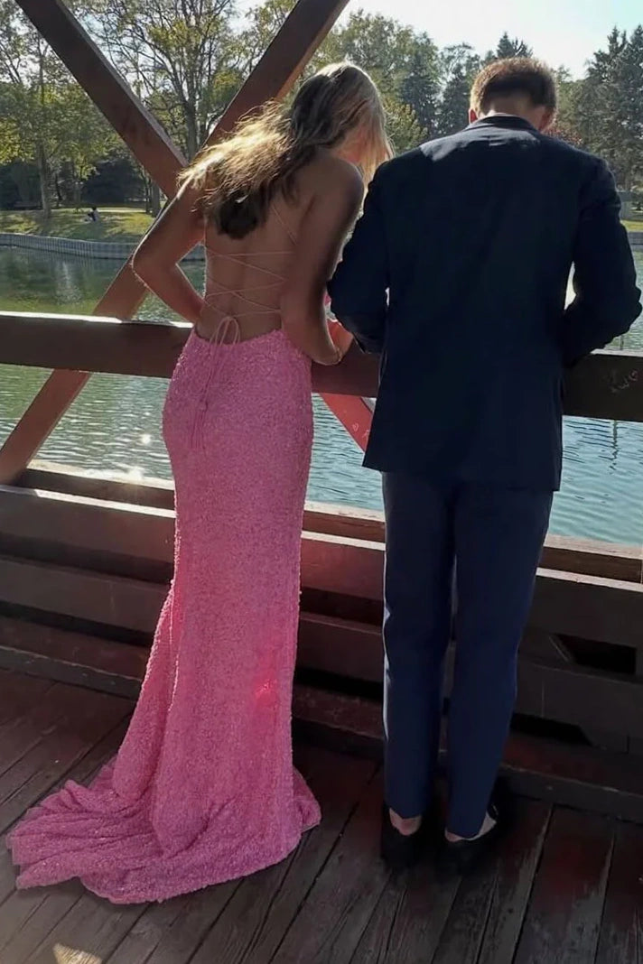 Pink Bateau Open Back Mermaid Fully Sequin Party Prom Dress