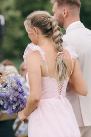 Pink Bateau Ruffle Straps A-Line Tiered Bridesmaid Dress