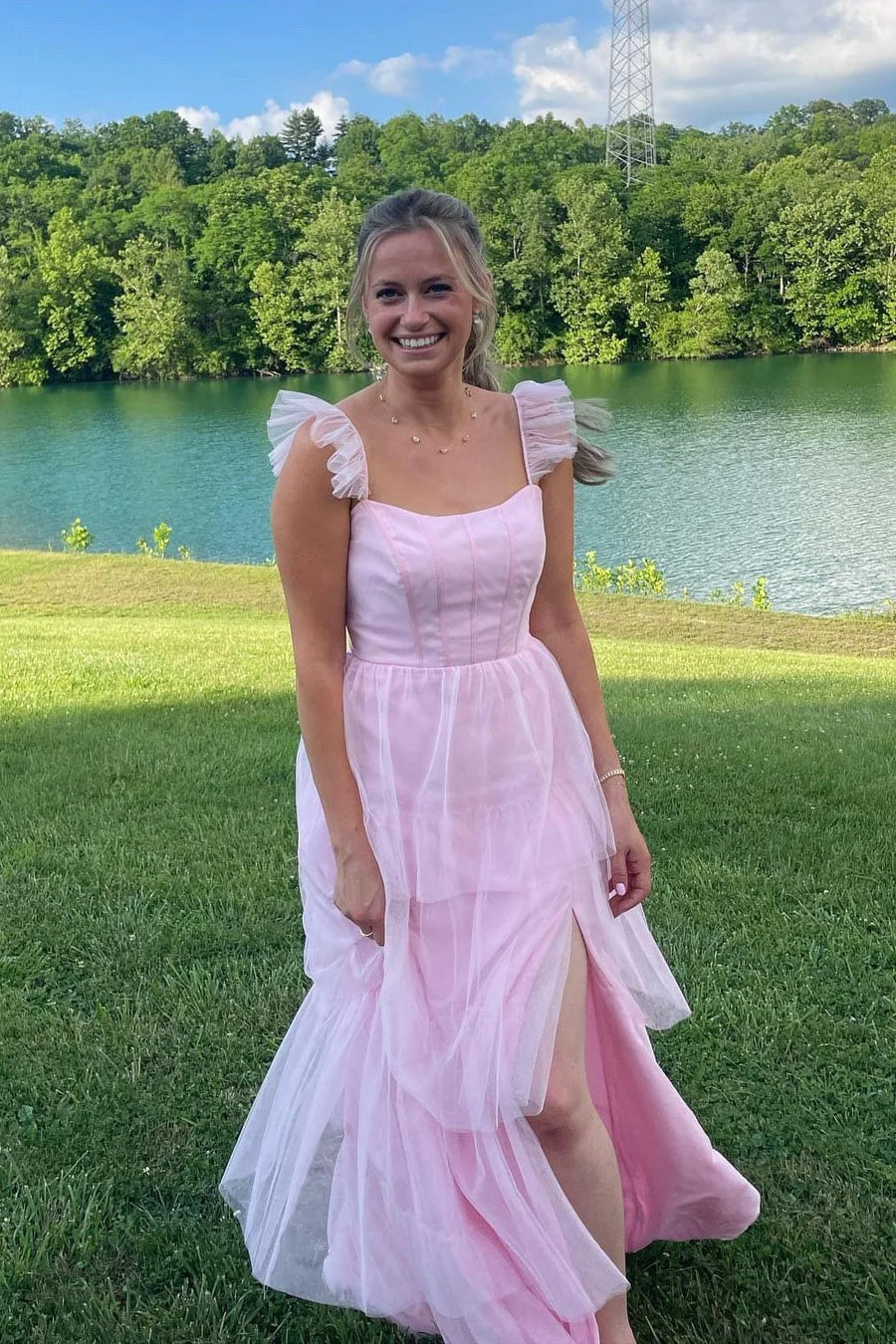 Pink Bateau Ruffle Straps A-Line Tiered Bridesmaid Dress