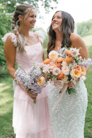 Pink Bateau Ruffle Straps A-Line Tiered Bridesmaid Dress