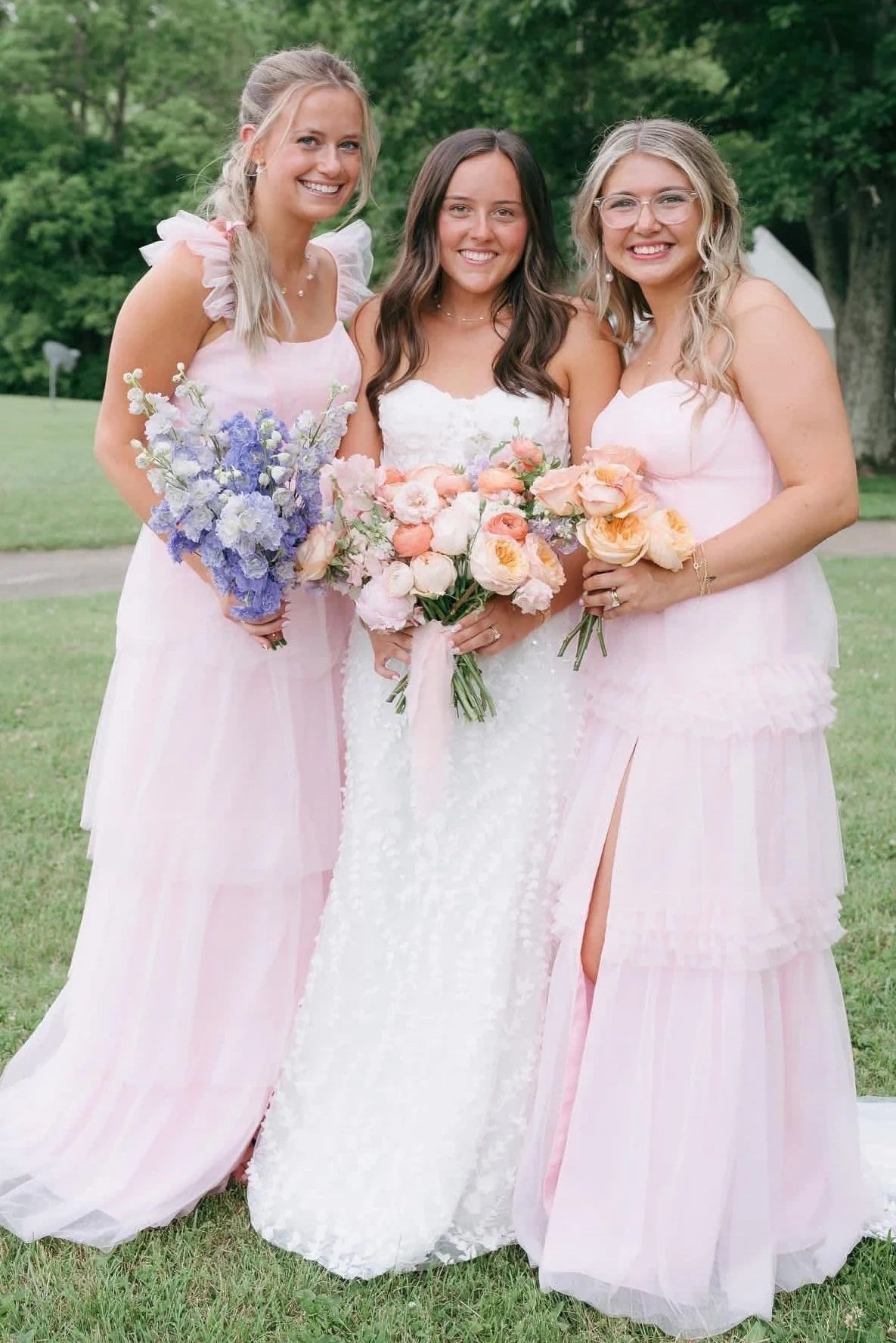 Pink Bateau Ruffle Straps A-Line Tiered Bridesmaid Dress