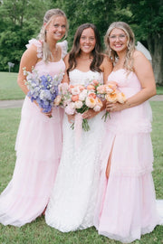 Pink Bateau Ruffle Straps A-Line Tiered Bridesmaid Dress