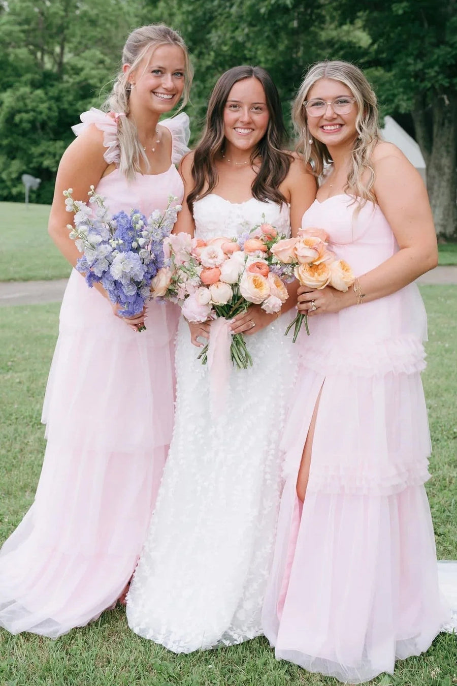 Pink Bateau Ruffle Straps A-Line Tiered Bridesmaid Dress
