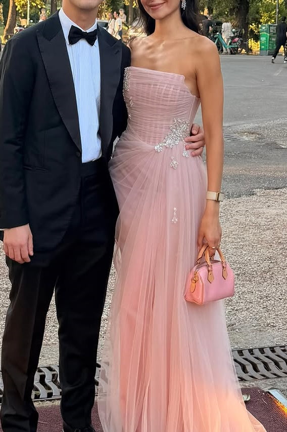 Pink Beaded Strapless Empire Tulle Maxi Party Prom Dress
