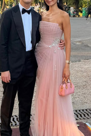 Pink Beaded Strapless Empire Tulle Maxi Party Prom Dress 