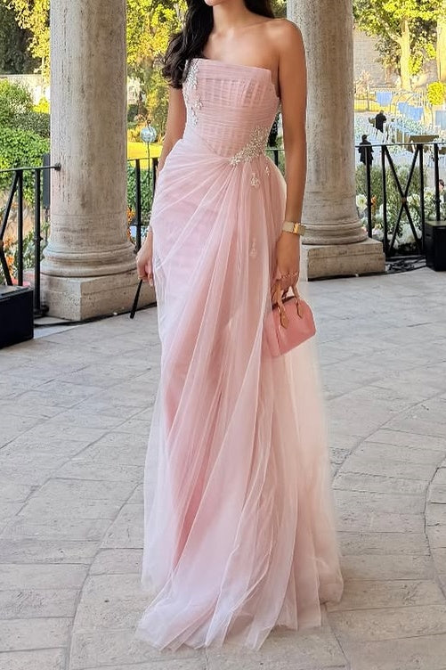 Pink Beaded Strapless Empire Tulle Maxi Party Prom Dress