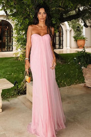 Pink Chiffon A-Line Sweetheart Strapless Maxi Party Prom Dress 