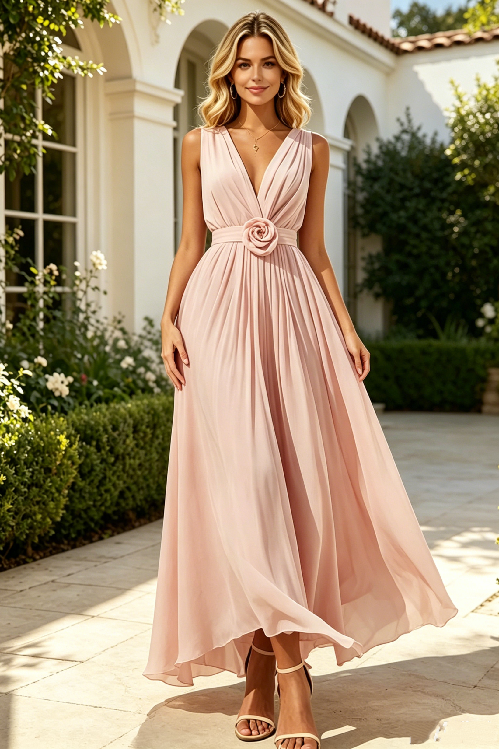 Pink Chiffon A-Line V-Neck Sleeveless Mother Of The Bride Dress
