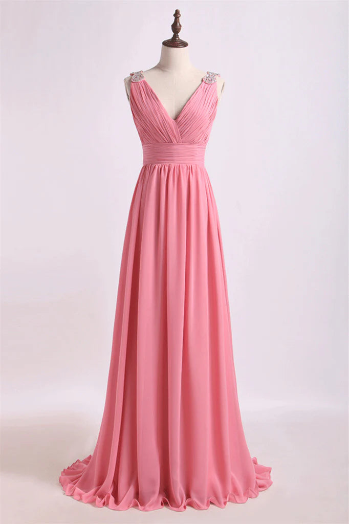 Pink Chiffon A-Line V-Neck Sleeves Empire Bridesmaid Dress