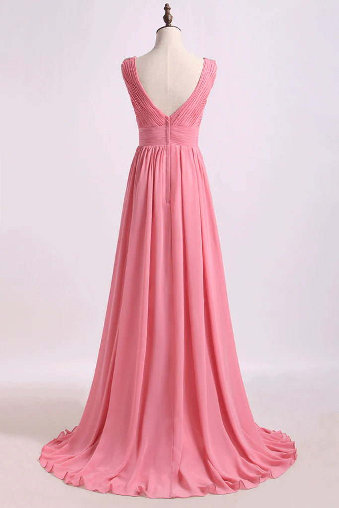 Pink Chiffon A-Line V-Neck Sleeves Empire Bridesmaid Dress