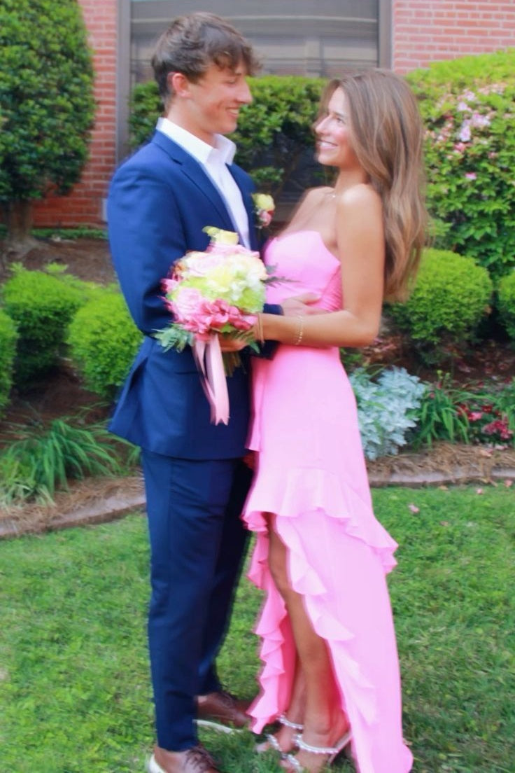Pink Chiffon Bateau Strapless Ruffle Prom Party Dress