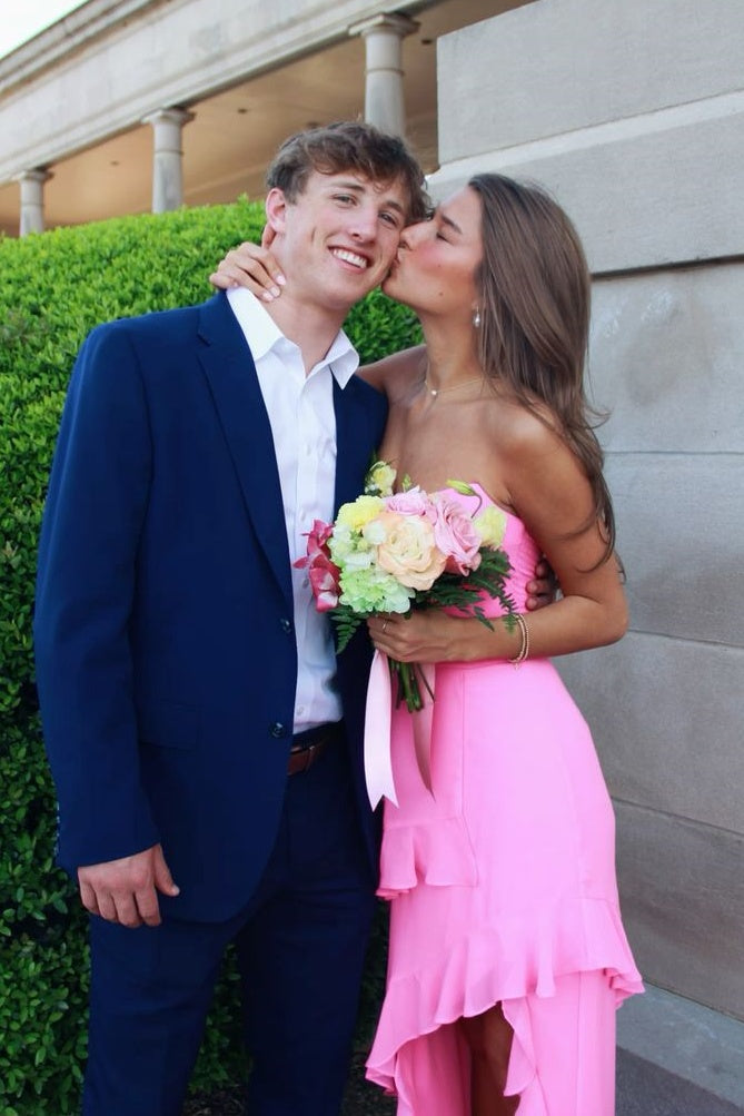 Pink Chiffon Bateau Strapless Ruffle Prom Party Dress