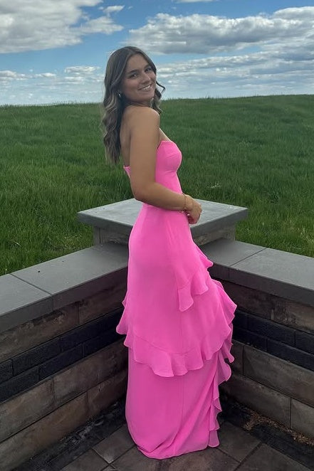 Pink Chiffon Bateau Strapless Ruffle Prom Party Dress