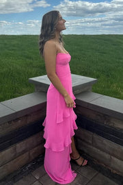 Pink Chiffon Bateau Strapless Ruffle Prom Party Dress
