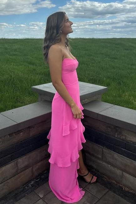 Pink Chiffon Bateau Strapless Ruffle Prom Party Dress