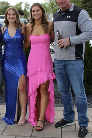 Pink Chiffon Bateau Strapless Ruffle Prom Party Dress