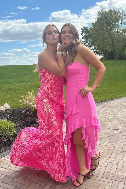 Pink Chiffon Bateau Strapless Ruffle Prom Party Dress