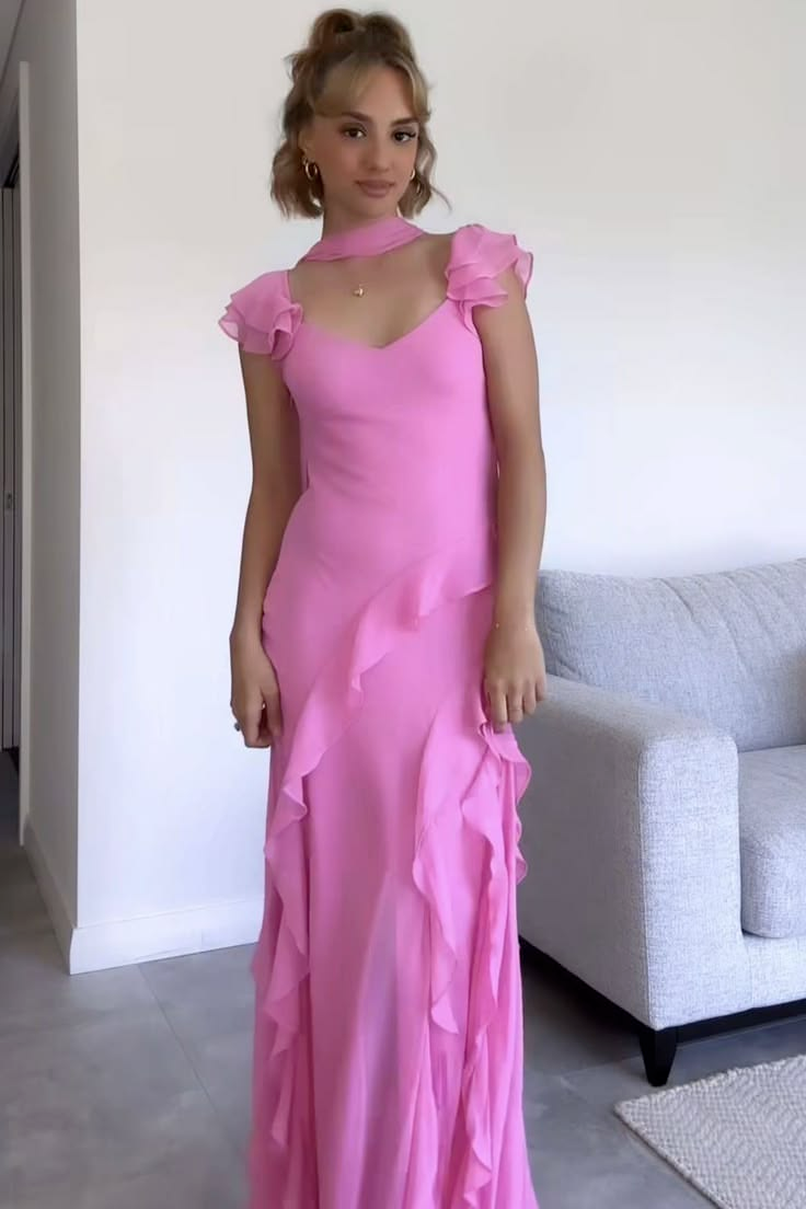 Pink Chiffon V-Neck Ruffle Straps Maxi Party Prom Dress