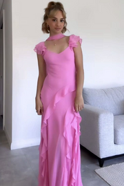 Pink Chiffon V-Neck Ruffle Straps Maxi Party Prom Dress