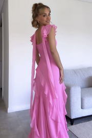 Pink Chiffon V-Neck Ruffle Straps Maxi Party Prom Dress