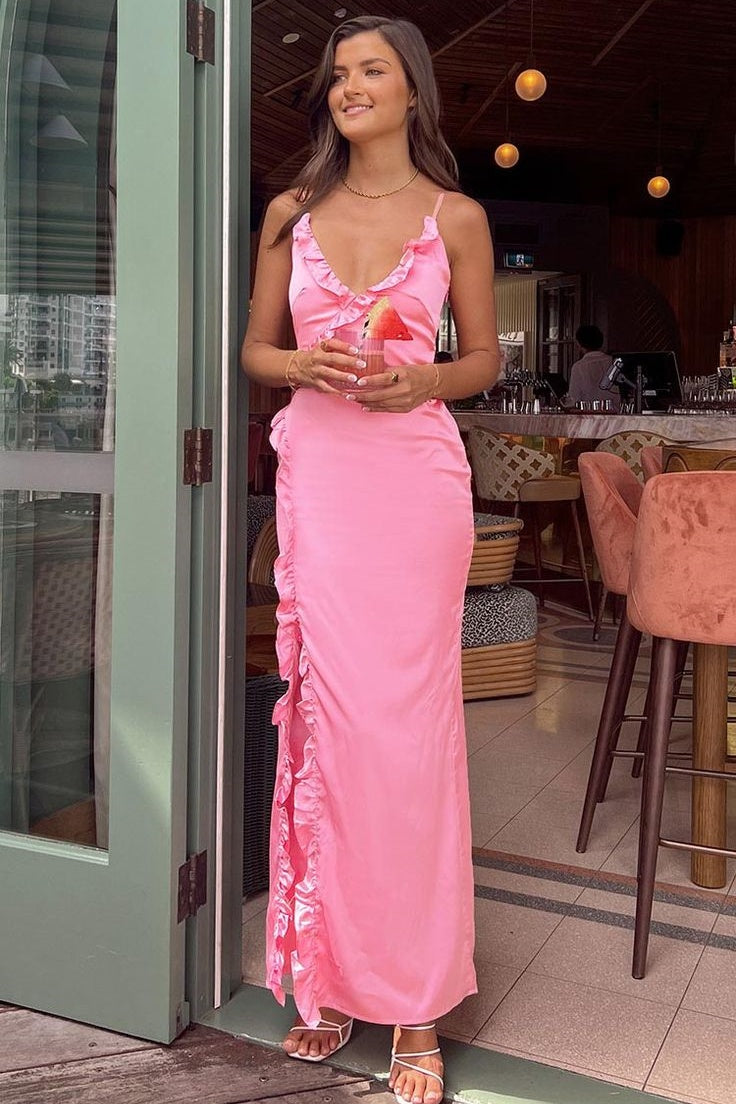 Pink Fitted V-Neck Sleeveless Party Prom Dress With Slit