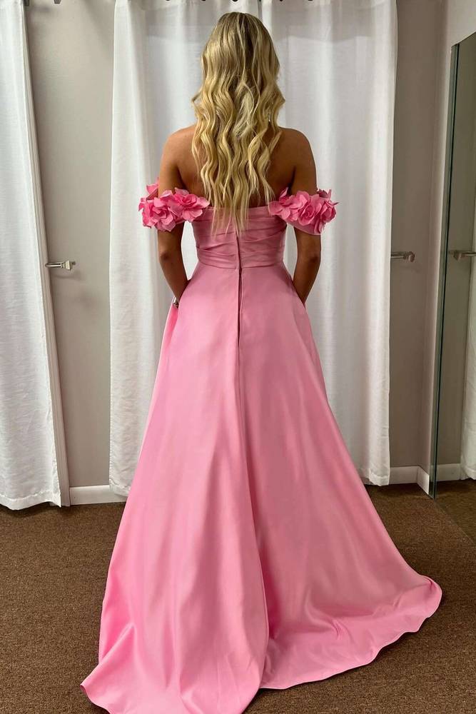 Pink Florals Off-Shoulder Satin A-Line Long Party Prom Dress