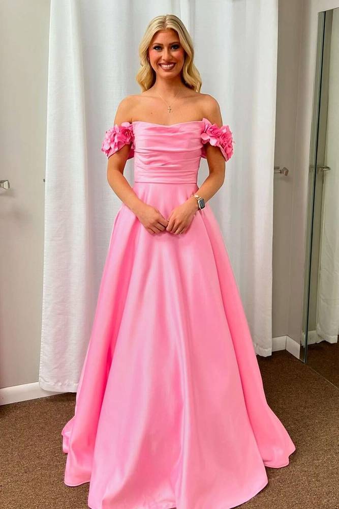 Pink Florals Off-Shoulder Satin A-Line Long Party Prom Dress