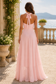 Pink Halter Backless Sleeveless Chiffon Ruffle Split Bridesmaid Dress 