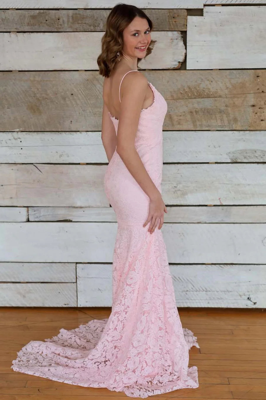 Pink Lace Mermaid V-Neck Spaghetti Straps Maxi Party Prom Dress