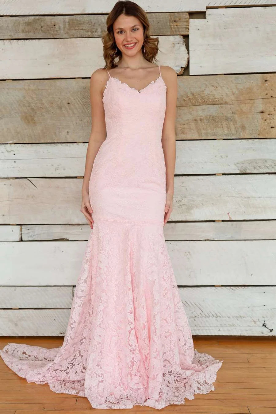 Pink Lace Mermaid V-Neck Spaghetti Straps Maxi Party Prom Dress