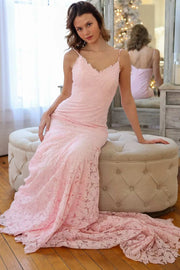 Pink Lace Mermaid V-Neck Spaghetti Straps Maxi Party Prom Dress