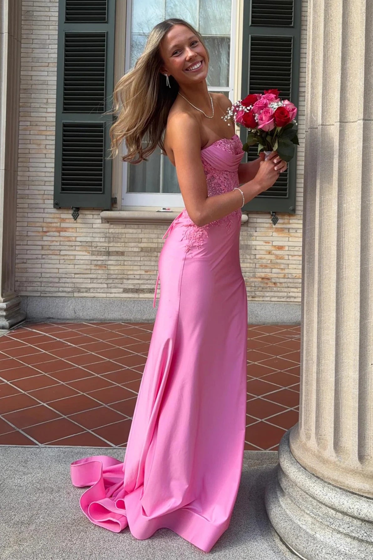 Pink Lace Top Satin Mermaid Strapless Empire Party Prom Dress