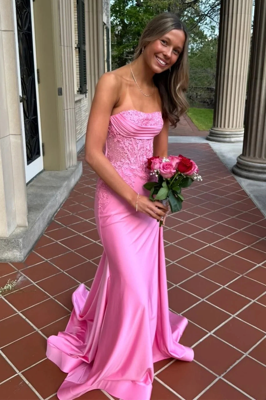 Pink Lace Top Satin Mermaid Strapless Empire Party Prom Dress