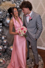 Pink Low V-Neck Open Back Satin Mermaid Party Prom Dress