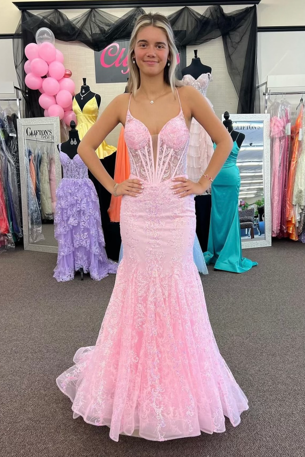 Pink Mermaid V-Neck Sleeveless Appliques Party Prom Dress