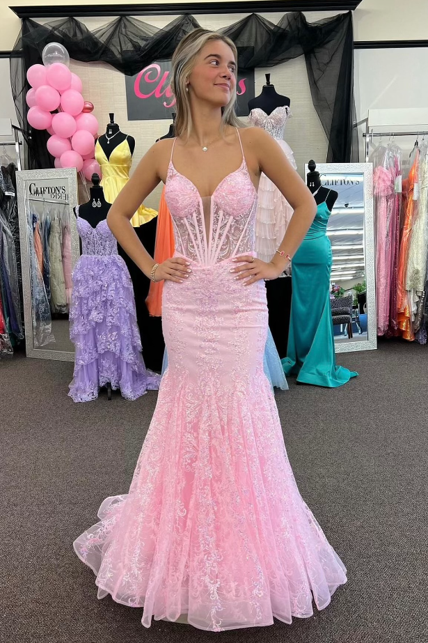 Pink Mermaid V-Neck Sleeveless Appliques Party Prom Dress