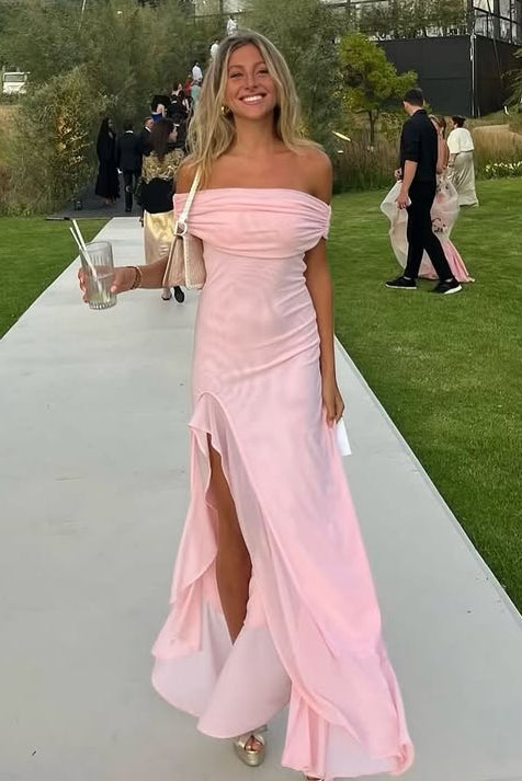 Pink Off-Shoulder Empire Party Prom Dress With Slit