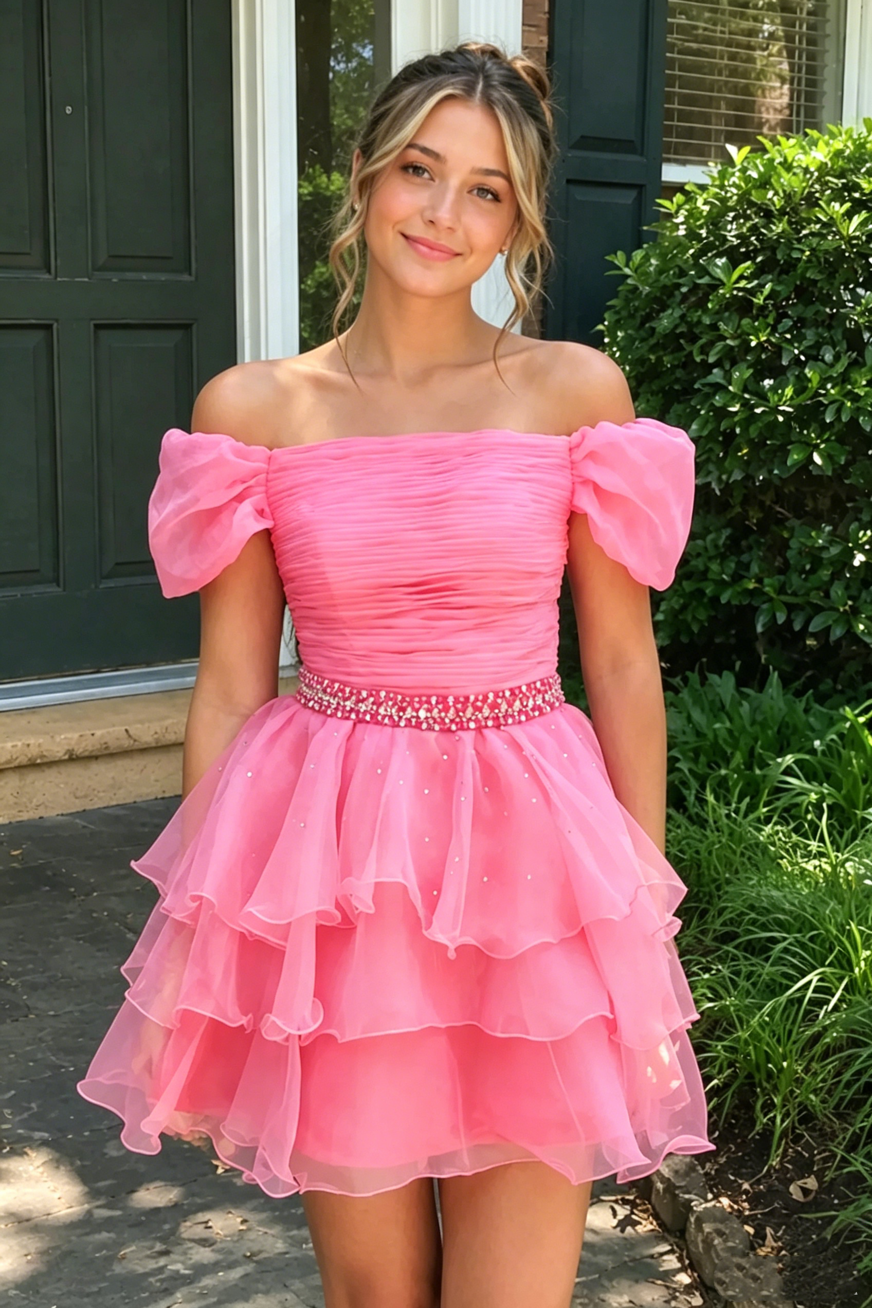 Pink Off-Shoulder Pleated Beaded Empire Tiered Homecoming Dress