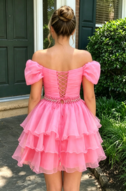 Pink Off-Shoulder Pleated Beaded Empire Tiered Homecoming Dress