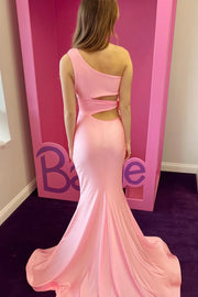 Pink One Shoulder Illusion Mermaid Party Prom Dress